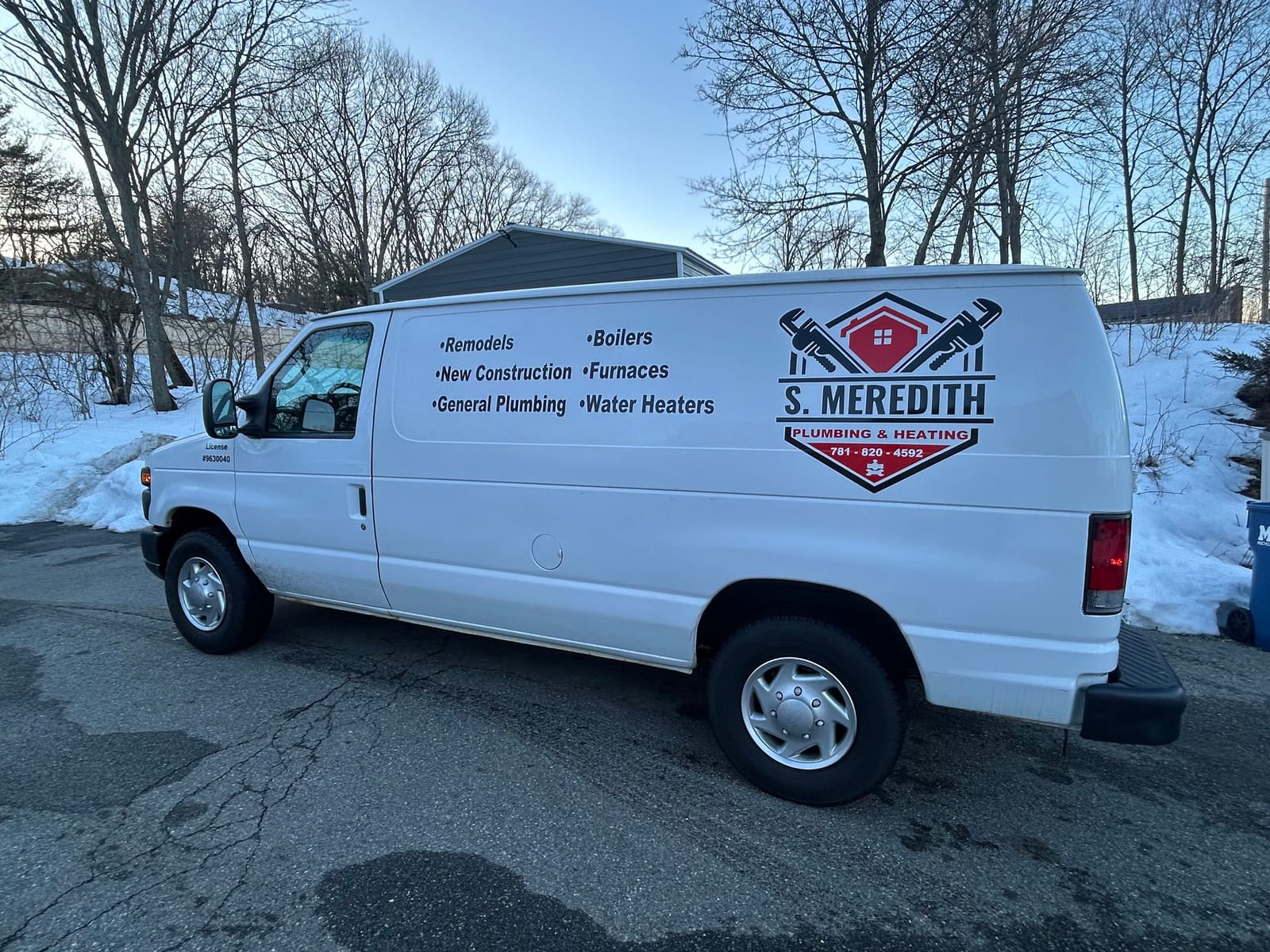 The S. Meredith Plumbing & Heating work van — fully stocked, owner-driven, serving the North Shore and Boston