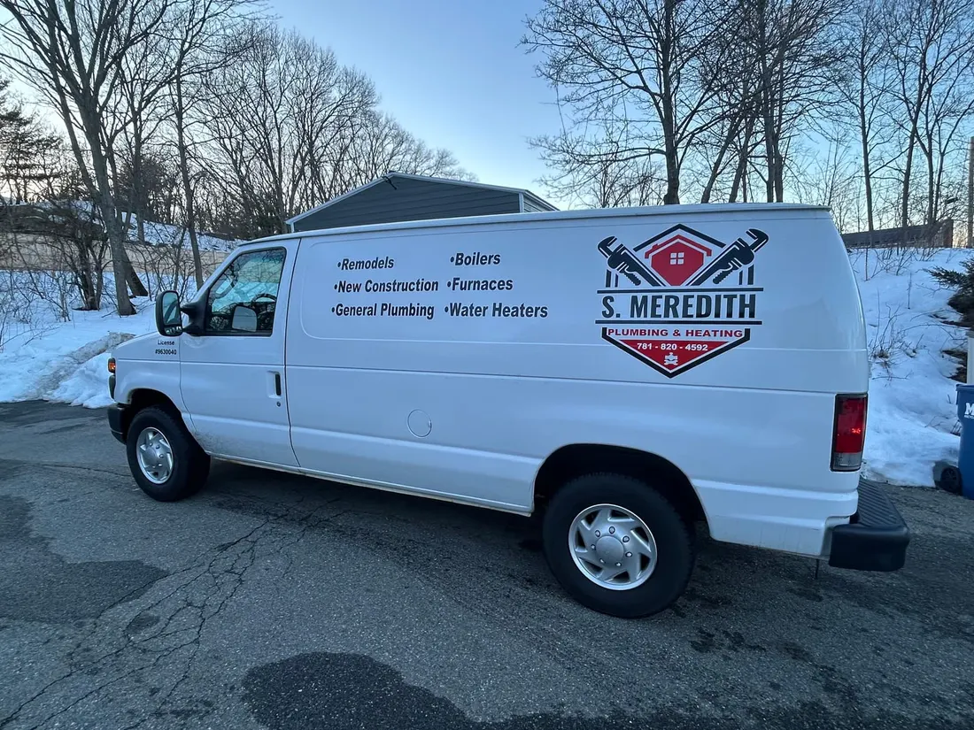 The S. Meredith Plumbing & Heating work van — fully stocked, owner-driven, serving the North Shore and Boston